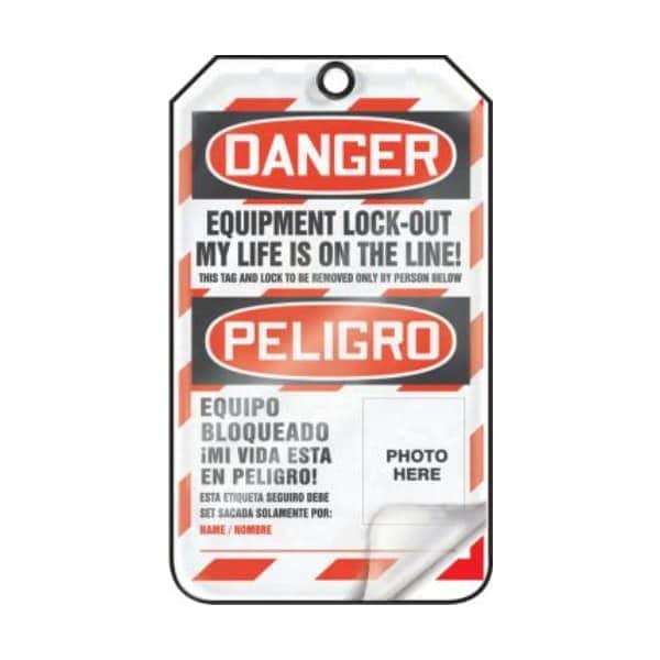 Accuform Safety Tags, DANGER EQUIPMENT LOCK-OUT MY LIFE IS ON THE LINE!, Bilingual Spanish, 5.75x3.25in, 25PK TSP107LTP - main